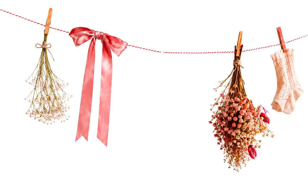 Fil à linge avec ruban et fleurs séchées